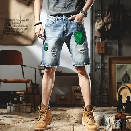 高端欧货轻奢潮牌夏季纯棉字母刺绣牛仔短裤修身直筒五分中裤子潮图片