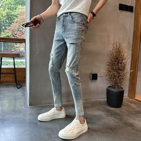 2023夏个性刀割泼漆牛仔裤男韩版修身小脚裤潮微弹乞丐破洞九分裤商品大图