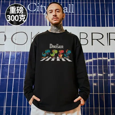 大码男装卡通春秋t恤男胖子长袖美式街头嘻哈宽松纯棉黑色打底衫商品大图