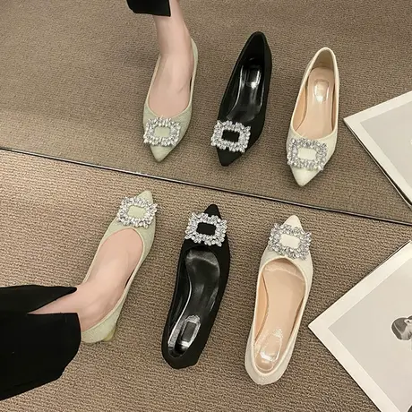 尖头单鞋春秋款2023年新款仙女风水钻低跟瓢鞋子粗跟一脚蹬豆豆鞋商品大图