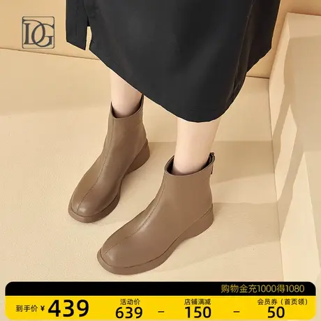 头层牛皮棕色短靴女厚底2023新款冬季增高平底短筒靴子英伦风皮靴商品大图