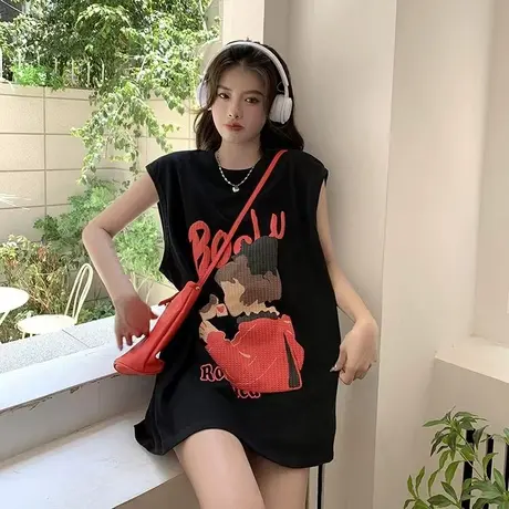 纯棉吊带坎肩背心无袖t恤女夏季设计感小众外穿宽松港风挂脖上衣图片