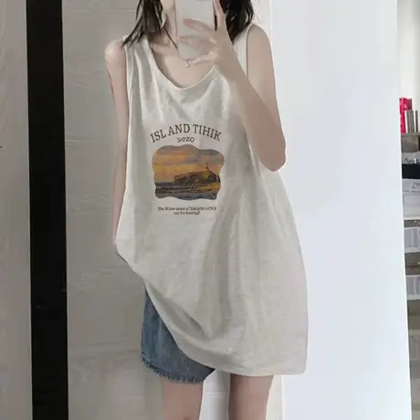 纯棉吊带运动坎肩背心无袖t恤女夏季设计感小众外穿宽松挂脖上衣图片