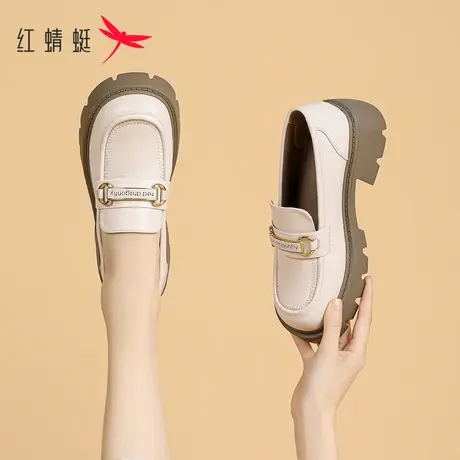 红蜻蜓高跟乐福鞋2023秋季新款小皮鞋女软底百搭英伦厚底真皮单鞋商品大图
