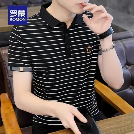 罗蒙男士条纹短袖Polo衫夏季薄款纯棉商务休闲带翻领冰丝T恤衣服图片