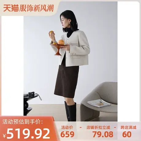 嘉茱莉2023秋季新款绵羊毛毛呢外套女短款小个子羊毛大衣外套圆领商品大图