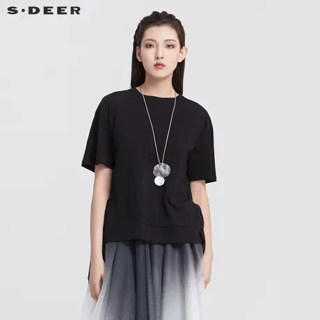 sdeer圣迪奥女装时尚圆领网纱拼接不规则T恤S22280139🌟图片