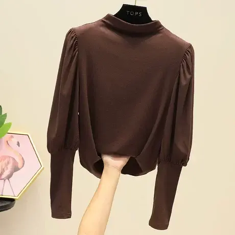 打底衫T恤女韩版秋装新款气质泡泡袖净版纯色透气半高领百搭 上衣图片