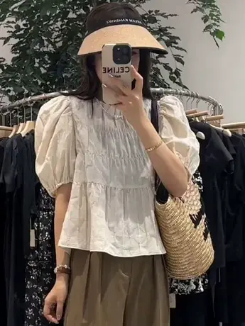 韩系甜美泡泡袖娃娃衫2023夏季新款设计感小众褶皱短袖衬衫上衣女商品大图