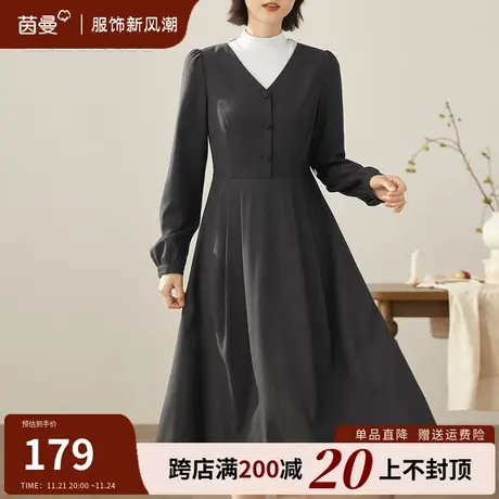 茵曼旗舰店半高领假两件连衣裙女2023秋冬新款赫本风小黑裙打底裙商品大图
