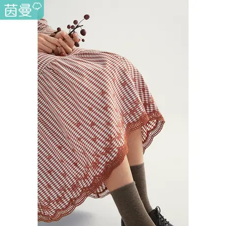 【商场同款】茵曼2023春装新款女格纹镂空绣花拼接显瘦A字裙裙商品大图