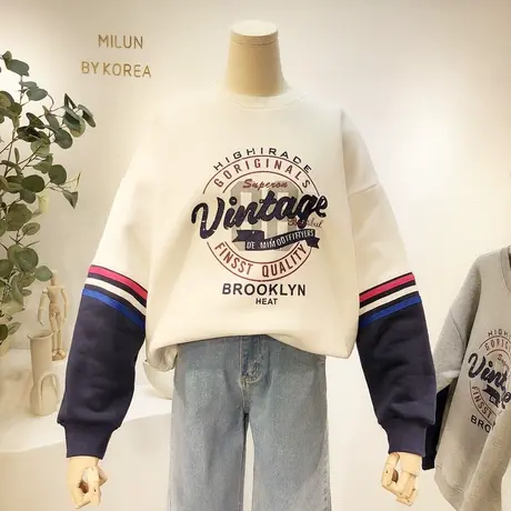 运动休闲加绒上衣2020冬季韩国东大门字母三道杠加厚保暖卫衣宽松商品大图