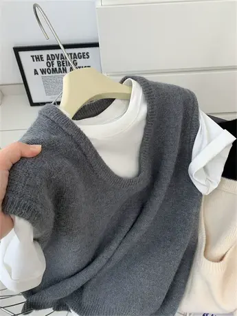 秋冬款U领针织马甲女宽松韩版套头毛衣背心时髦百搭叠穿无袖上衣商品大图