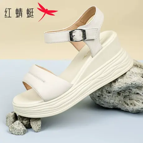 红蜻蜓女鞋夏季小个子厚底增高鞋一字扣坡跟真皮凉鞋女配裙高跟鞋商品大图