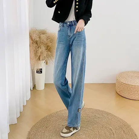浅色高腰阔腿牛仔裤女春夏2025新款设计感窄版小个子韩式直筒长裤图片