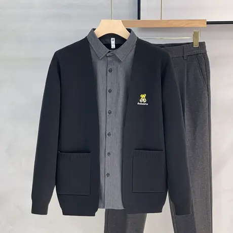 高级感商务休闲开衫毛衣男修身帅气外穿假两件针织衫男装秋季外套商品大图