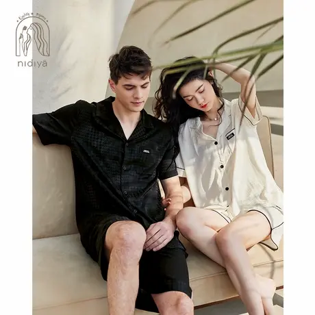 妮狄娅情侣睡衣女夏季凉感冰丝男士翻领开衫款时尚轻薄家居服套装商品大图