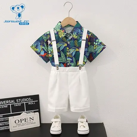 GD真维斯男童 夏季款潮流港风短袖花衬衫背带短裤儿童套装图片