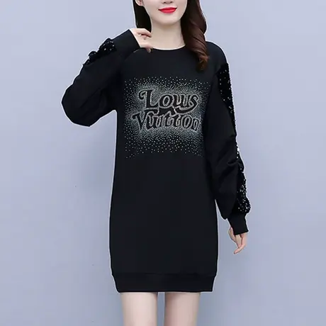 中长款卫衣女大码加绒加厚2023年新款洋气秋冬ins慵懒风圆领潮流商品大图