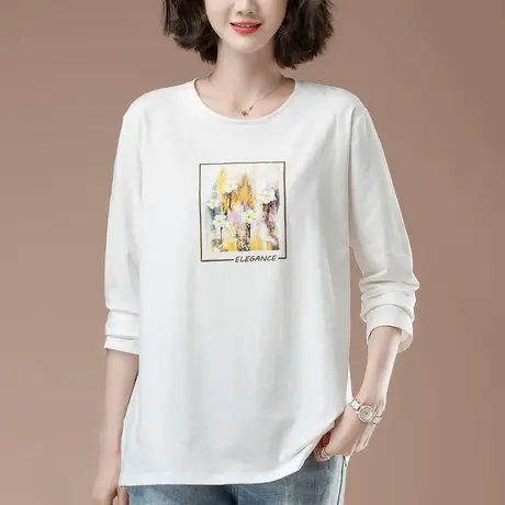 春秋长袖t恤女加肥加大码女装宽松中年妈妈纯棉遮肚子显瘦打底衫商品大图