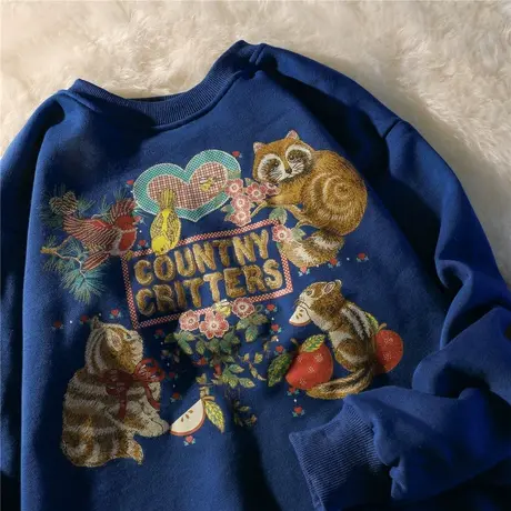 大码国潮复古宝蓝色加绒卫衣女2021年早春秋新款oversize宽松胖mm图片