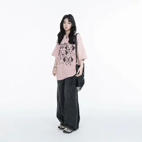 YEP美式复古斑点狗印花t恤女夏短袖宽松粉色半袖情侣款上衣ins潮商品大图