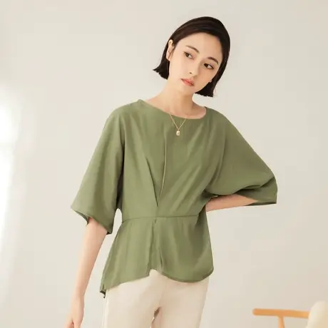 桔熊夏季通勤慵懒洋气小衫舒适宽松蝙蝠袖收腰上衣女大码AB17385商品大图