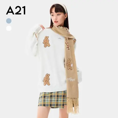 A21女装宽松落肩长袖线衫小兔子刺绣仿羊毛套头插肩袖针织毛衣商品大图