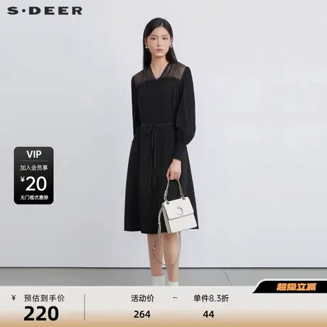 sdeer圣迪奥女装V领网纱收腰抽褶长袖连衣裙S224Z1225图片
