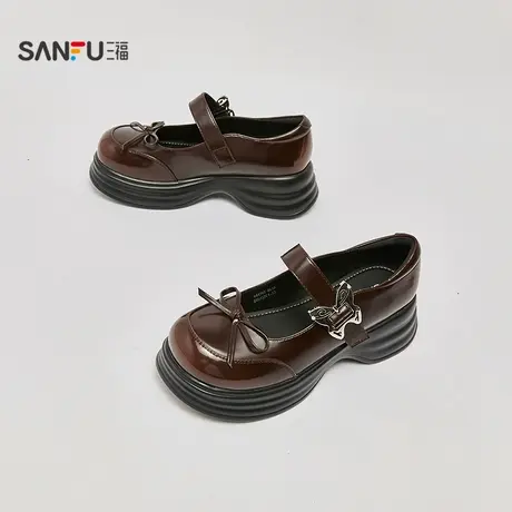 三福乐福鞋女秋季韩系简约甜美复古风蝴蝶结增高厚底女鞋844747商品大图