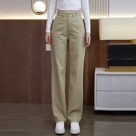 卡其色水洗棉直筒牛仔裤女宽松显瘦春秋2025年新款垂感阔腿休闲子商品大图
