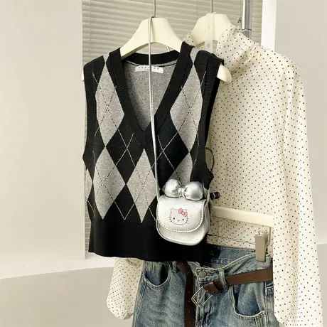 唐狮秋冬季女毛衣学院风菱格V领套头马甲显瘦短款简约百搭tu图片