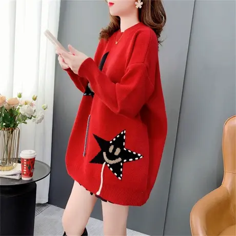 圣诞新年红色圆领毛衣女2022新款秋冬宽松设计感绑带洋气针织上衣商品大图