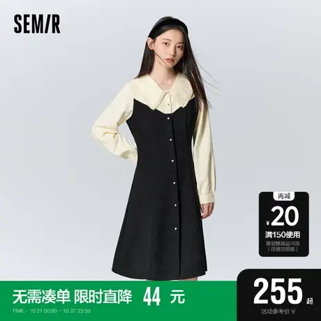 [商场同款]森马连衣裙女花边大翻领冬2023新款拼色肌理裙子盐甜系商品大图