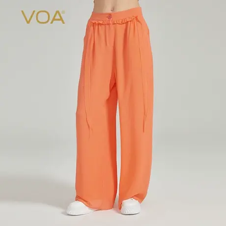 VOA西柚红双层乔其桑蚕丝后松紧腰侧口袋轻垂飘逸真丝直筒长裤商品大图