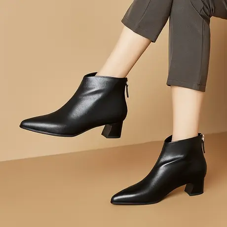 头层牛皮粗跟短靴女中跟透气单靴尖头百搭新款真皮踝靴软皮靴子女商品大图