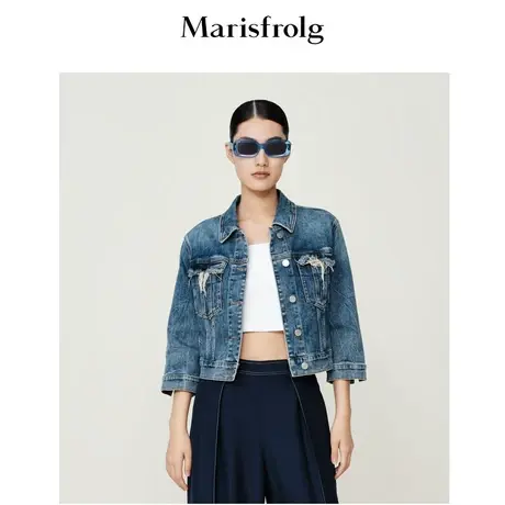 【花香牛仔】玛丝菲尔夏季新款短款水洗简约做旧时尚牛仔外套女商品大图