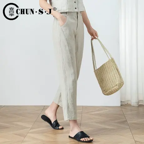 亚麻女裤夏季宽松休闲萝卜裤麻料薄款西装烟管裤子九分高腰哈伦裤商品大图