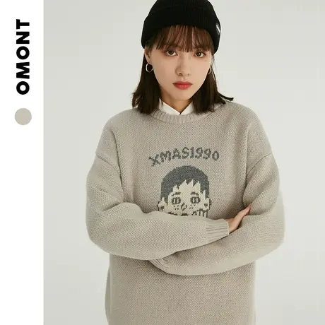 omont蛋挞家 复古卡通图案字母提花套头针织毛衣女学生短款秋冬季商品大图