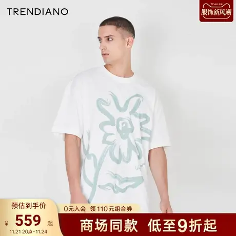 TRENDIANO官方2023新款夏季满身花卉图案宽松圆领短袖纯棉t恤男商品大图