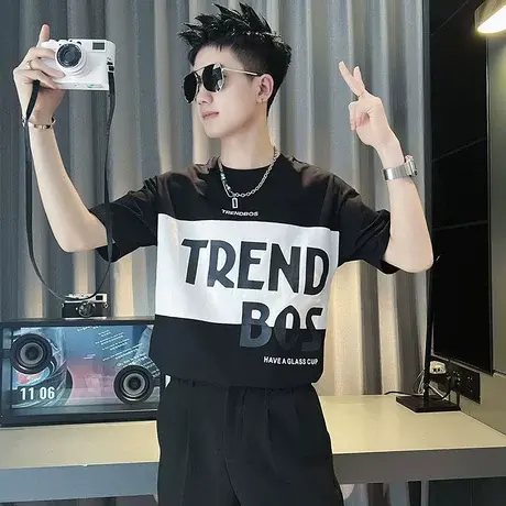 高级感短袖t恤男2023新款潮流宽松撞色痞帅半截袖夏季ins潮牌半袖商品大图