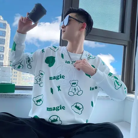 圆领卫衣男春秋季美式印花高街潮牌套头上衣百搭花色满印学生外套商品大图