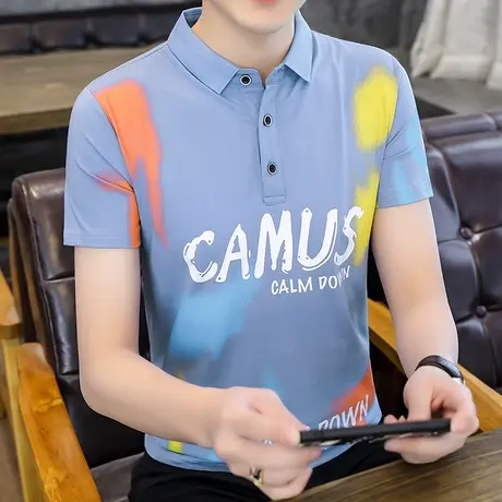 夏季男士短袖T恤韩版潮流印花男装上衣服个性百搭青少年Polo衫t桖商品大图