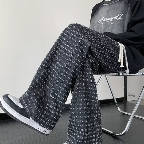 春秋季新款个性牛仔破洞微喇休闲长裤男潮流宽松百搭直筒拖地裤子商品大图