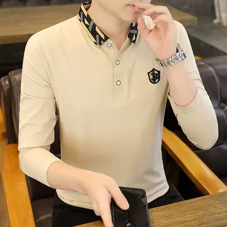 拼接撞色衬衫领长袖T恤男士时尚休闲纯棉翻领潮流打底秋季polo衫商品大图
