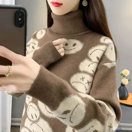 2023春装新款韩版宽松百搭长袖针织衫毛衣女笑脸套头高领女打底衫商品大图