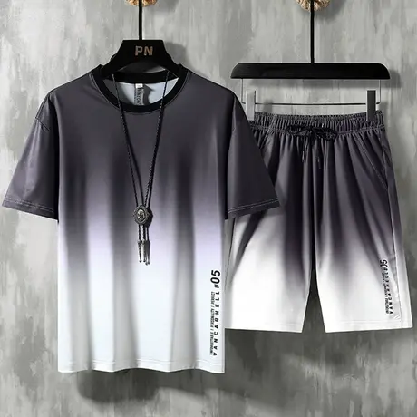 夏季新款运动休闲冰丝套装男韩版潮流渐变色短袖t恤一套男装帅气商品大图