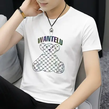 莫代尔白色t恤男士短袖夏季冰丝速干凉感半袖潮牌小熊圆领上衣服商品大图