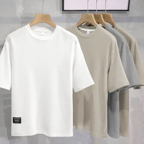 重磅华夫格短袖t恤男夏季潮流宽松五分袖半袖圆领纯色白色上衣服商品大图