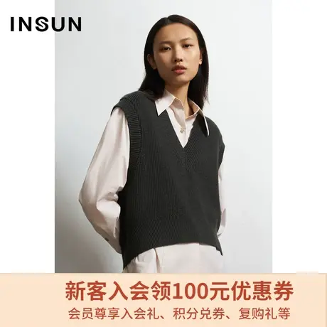 恩裳春秋季短款无袖V领绿色绵羊毛套头修身减龄毛针织衫商品大图